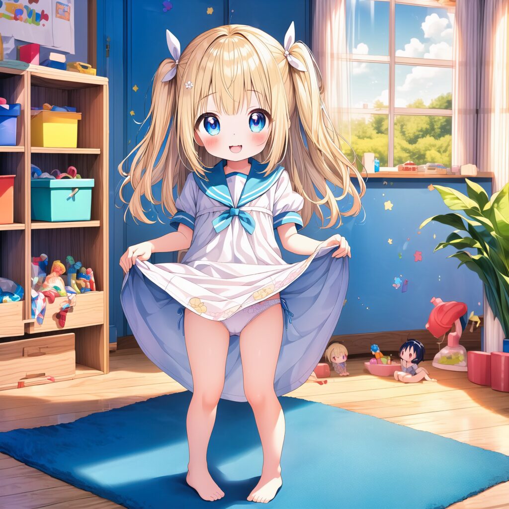 Illustration, AI, fille blonde, soulèvement de la jupe, culotte, AIart