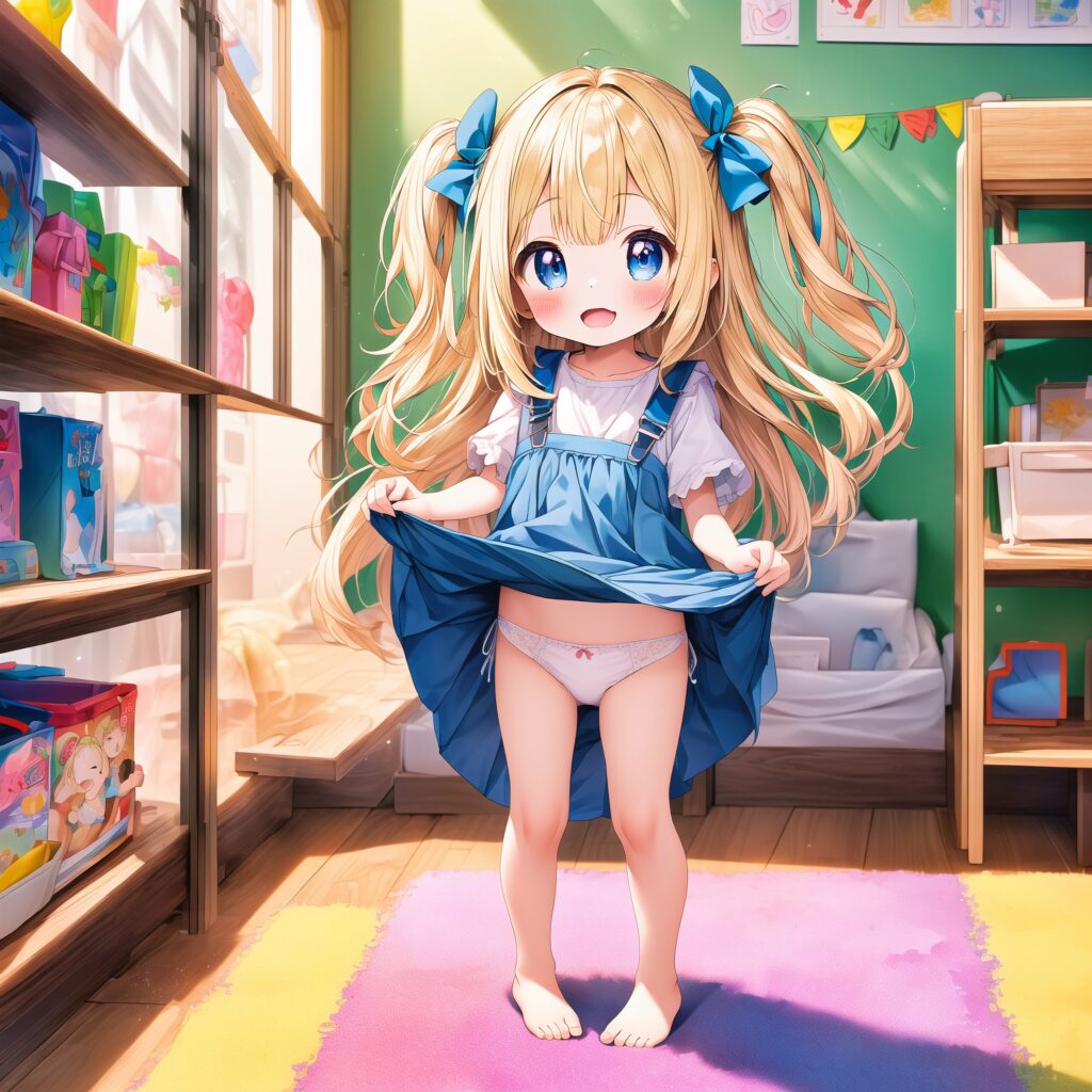 Illustration, AI, fille blonde, soulèvement de la jupe, culotte, AIart