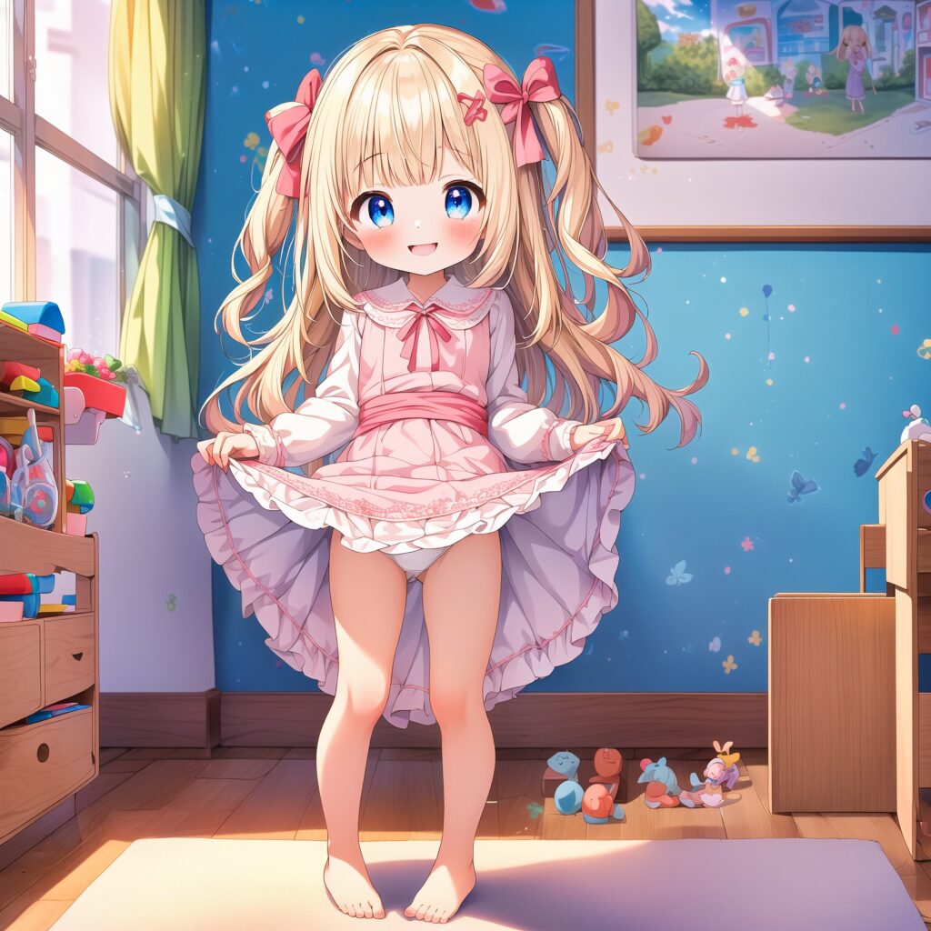 Illustration, AI, fille blonde, soulèvement de la jupe, culotte, AIart