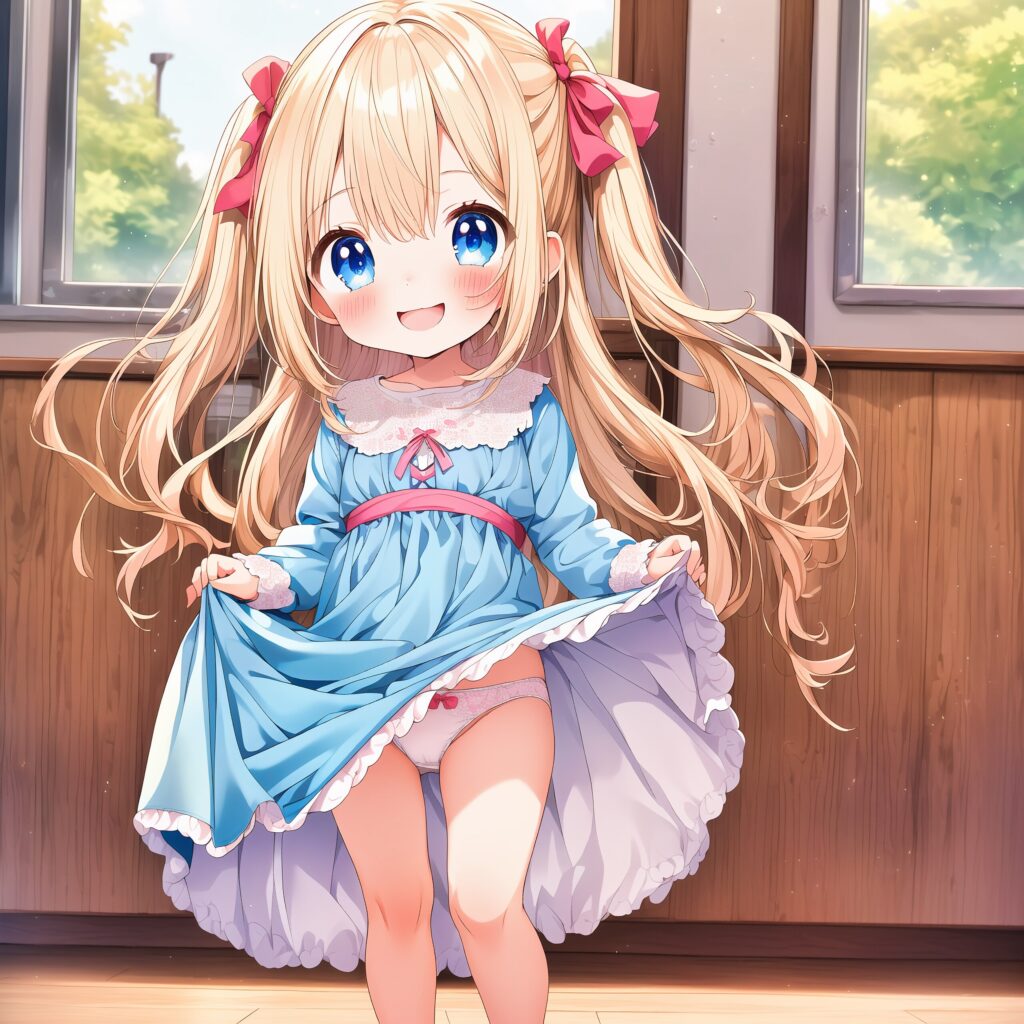 Illustration, AI, fille blonde, soulèvement de la jupe, culotte, AIart