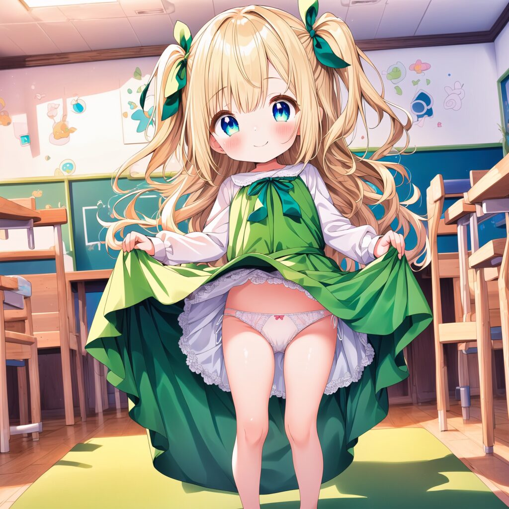 Illustration, AI, fille blonde, soulèvement de la jupe, culotte, AIart