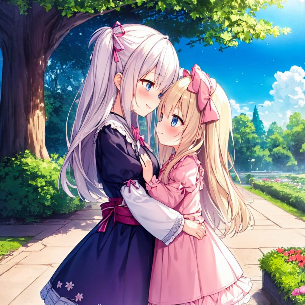 Illustration, Ai, blonde girl, silver hair, yuri illustration, TrinArt, AIart