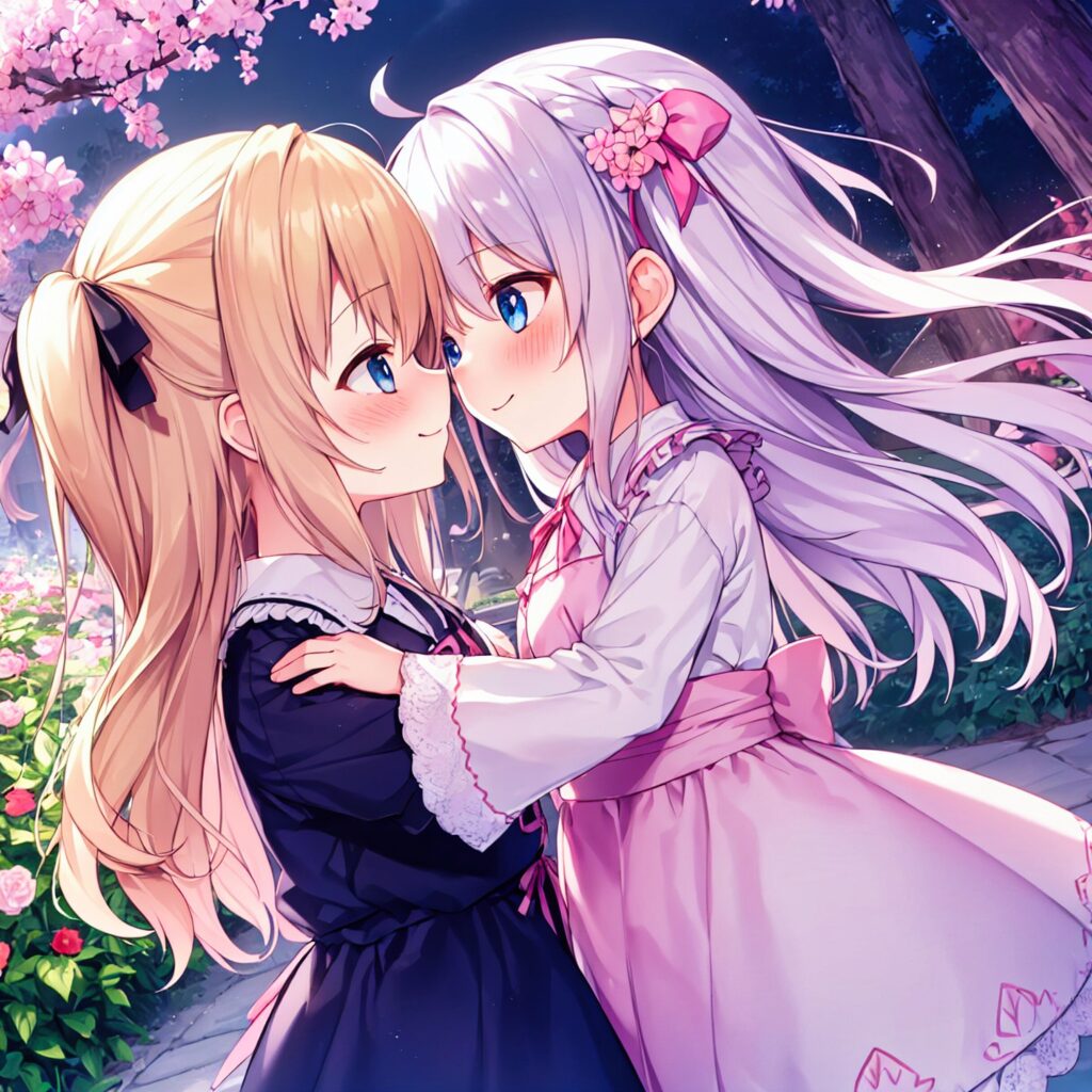 Illustration, Ai, blonde girl, silver hair, yuri illustration, TrinArt, AIart