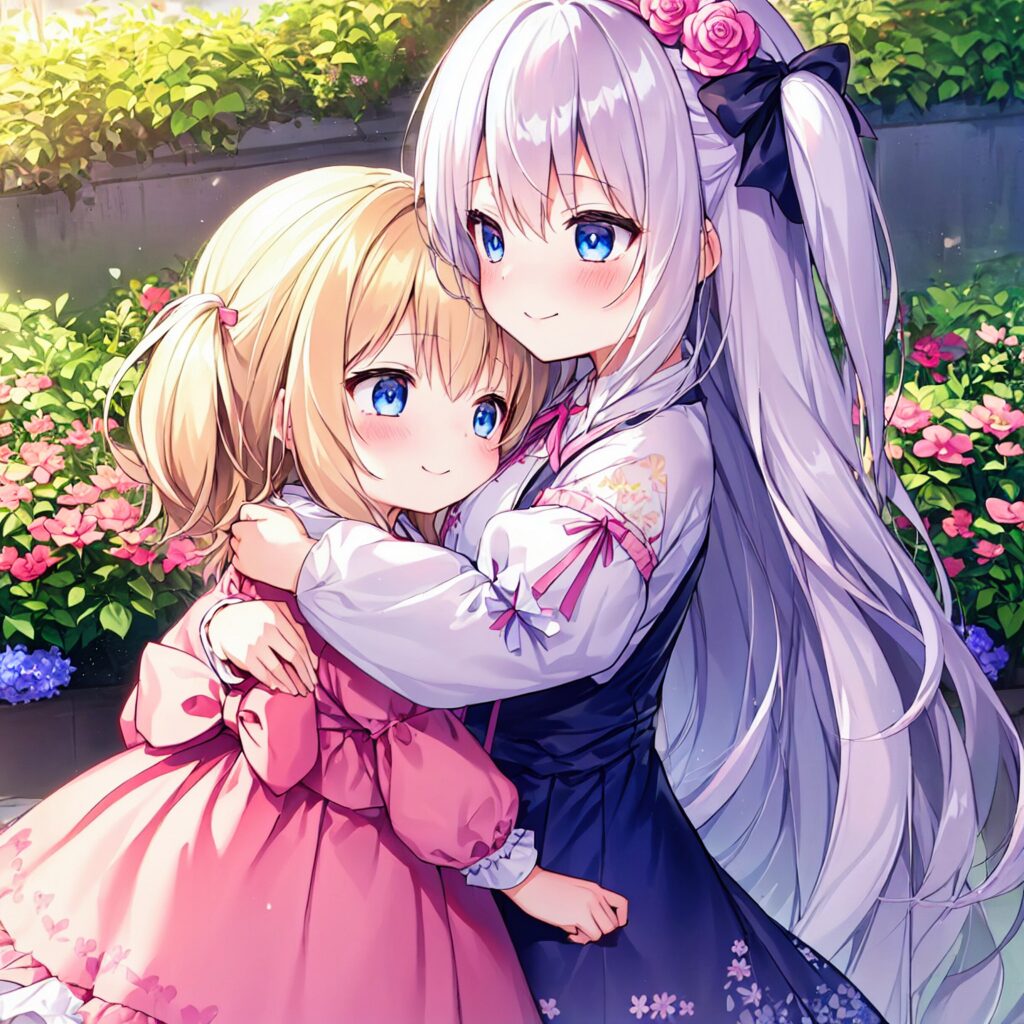 Illustration, Ai, blonde girl, silver hair, yuri illustration, TrinArt, AIart