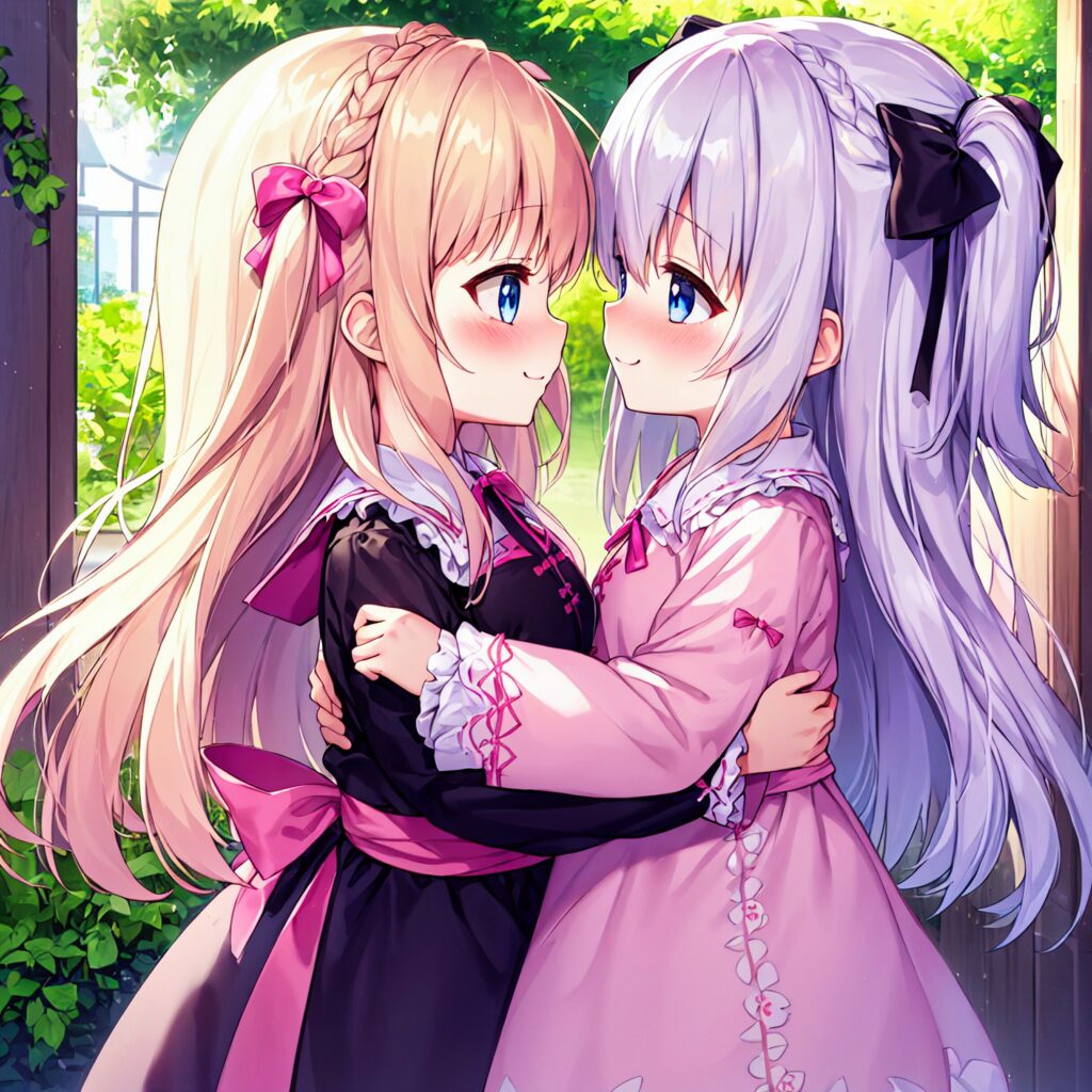 Illustration, Ai, blonde girl, silver hair, yuri illustration, TrinArt, AIart