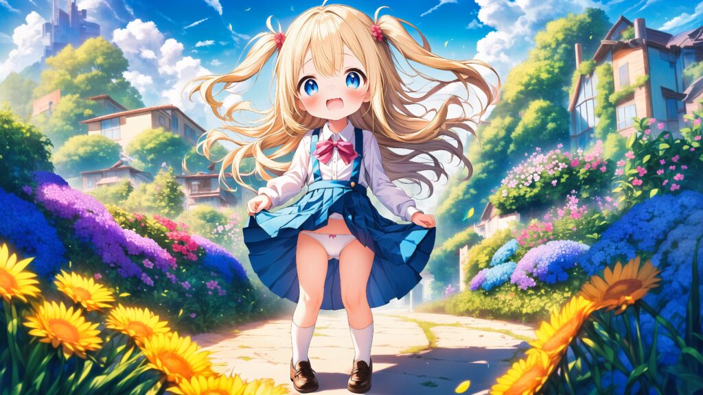 Illustration, AI, fille blonde, uniforme scolaire, culotte, fond d'écran PC, 4K, AIart