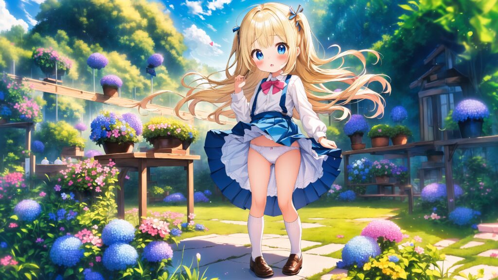 Illustration, AI, fille blonde, uniforme scolaire, culotte, fond d'écran PC, 4K, AIart