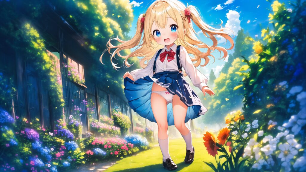 Illustration, AI, fille blonde, uniforme scolaire, culotte, fond d'écran PC, 4K, AIart