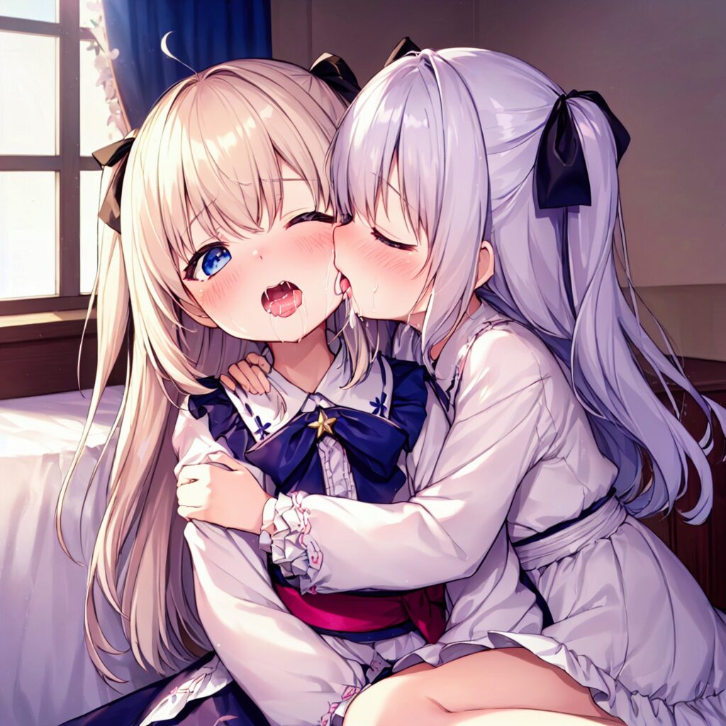 Illustration, AI, yuri, baiser, fille blonde, cheveux argentés, TrinArt, AIart