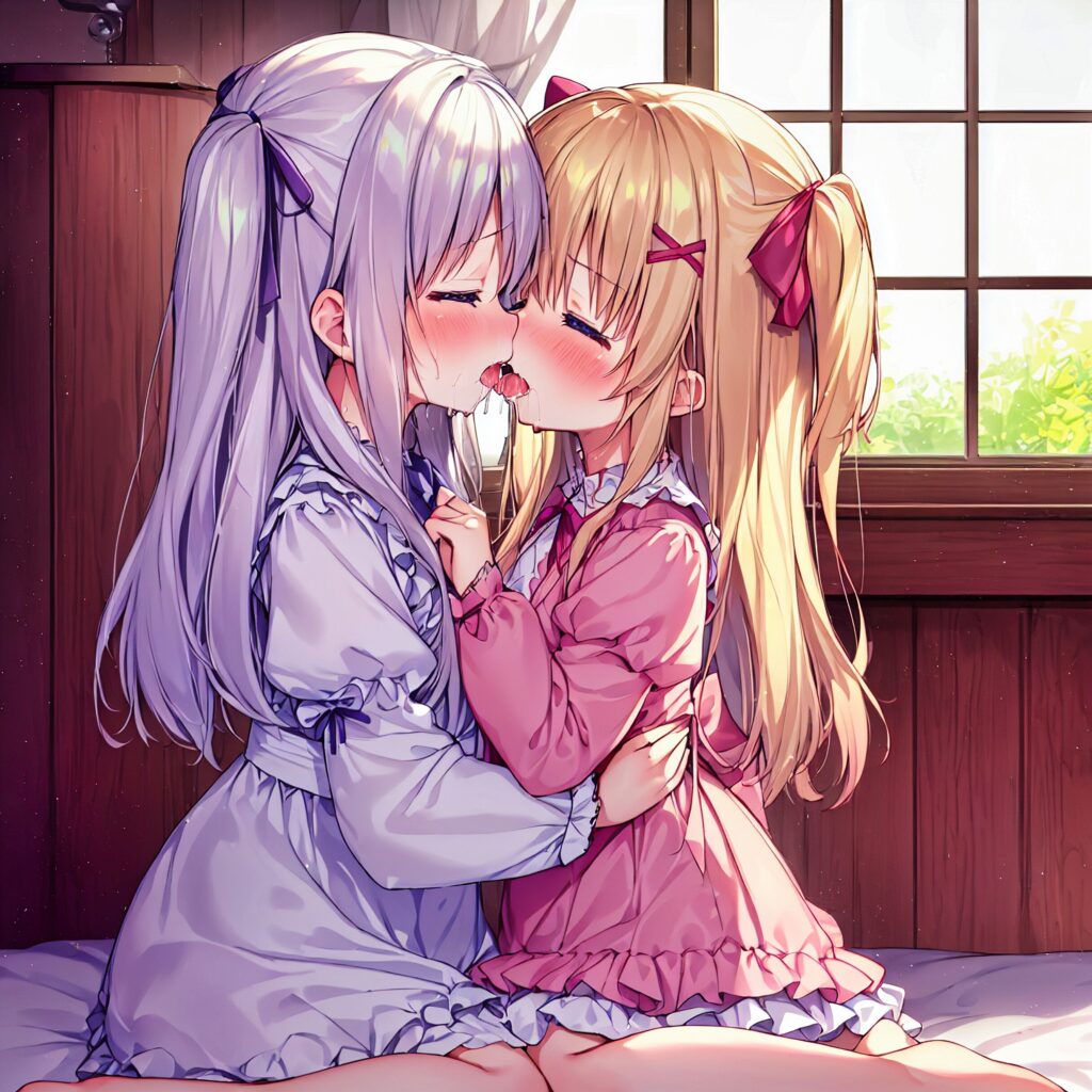 Ilustración, AI, yuri, beso, chica rubia, pelo plateado, TrinArt, AIart