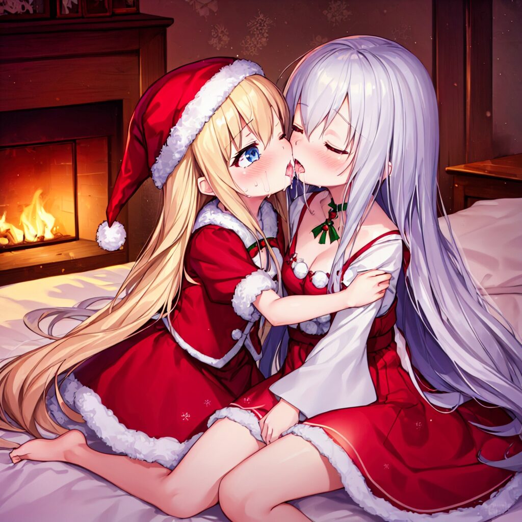 Ilustración, AI, yuri, beso, chica rubia, pelo plateado, Navidad, Papá Noel, TrinArt, AIart