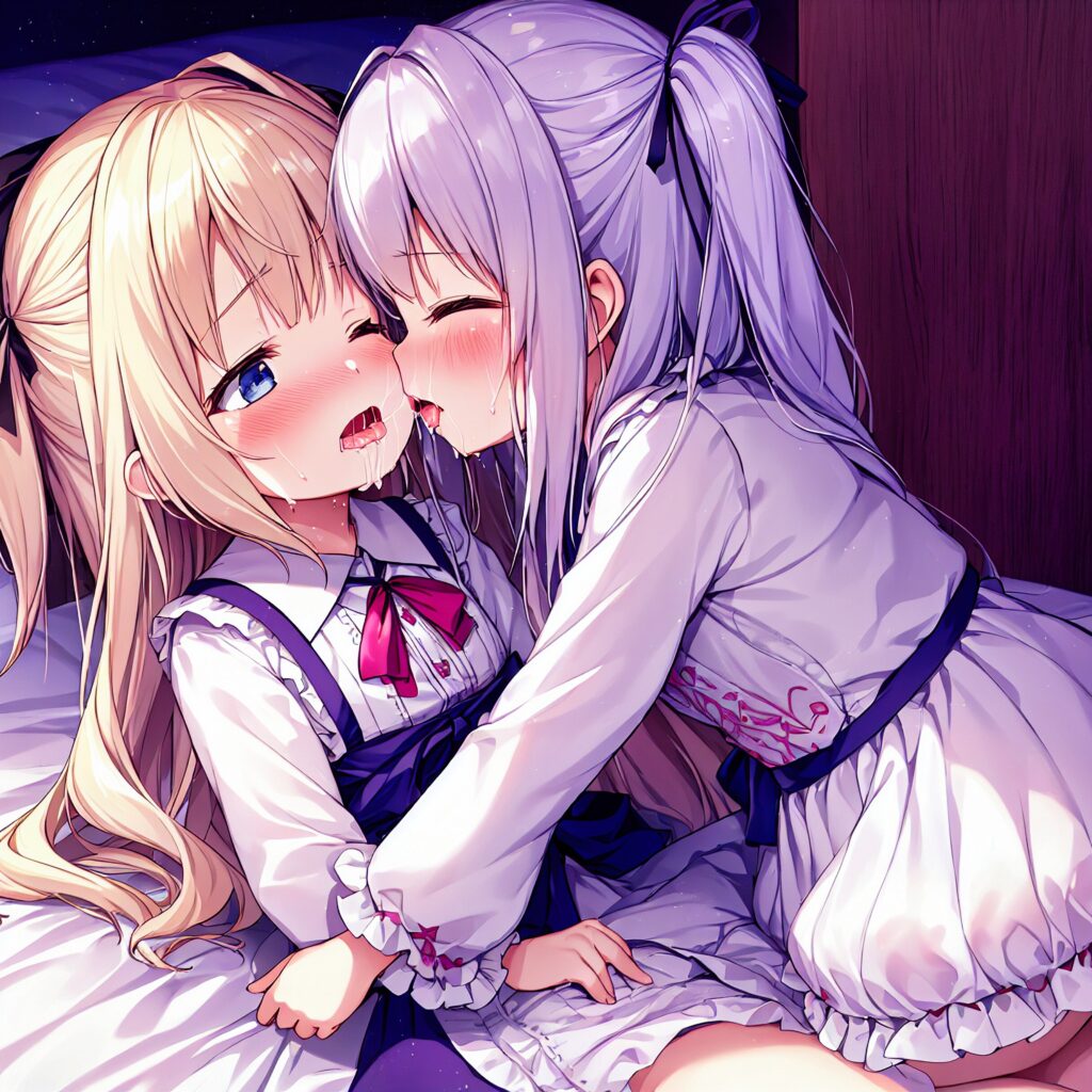 Illustration, AI, yuri, baiser, fille blonde, cheveux argentés, TrinArt, AIart