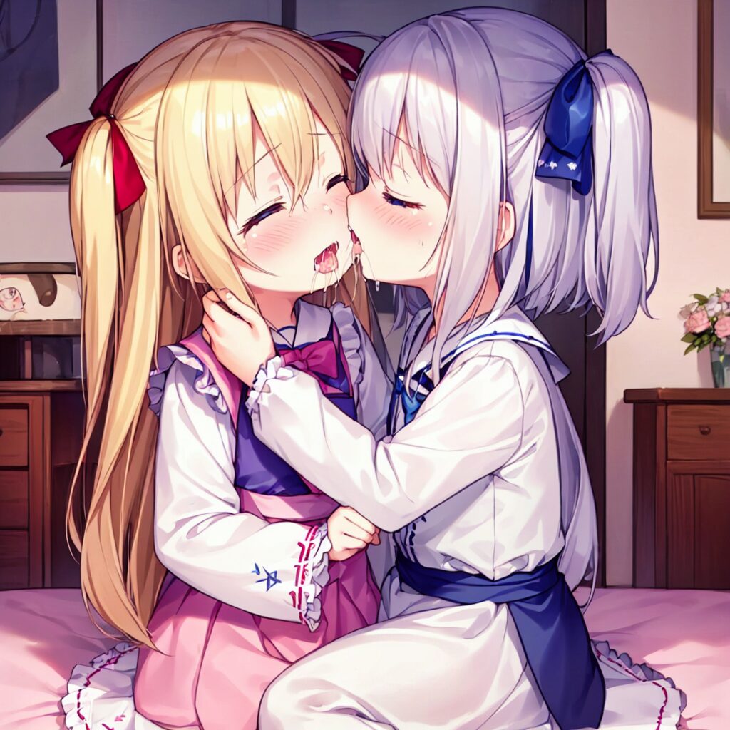 Illustration, AI, yuri, kiss, blonde girl, silver hair, TrinArt, AIart