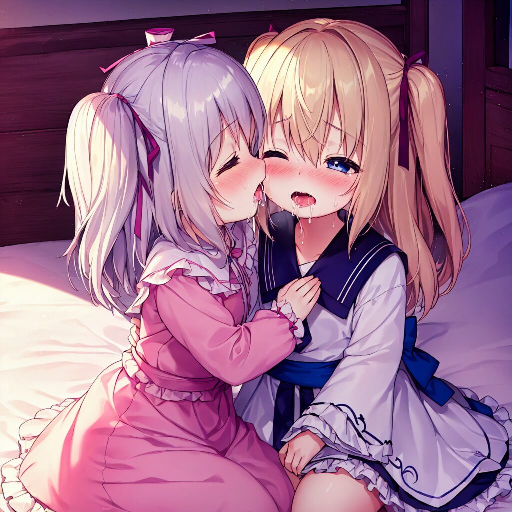 Illustration, AI, yuri, baiser, fille blonde, cheveux argentés, TrinArt, AIart