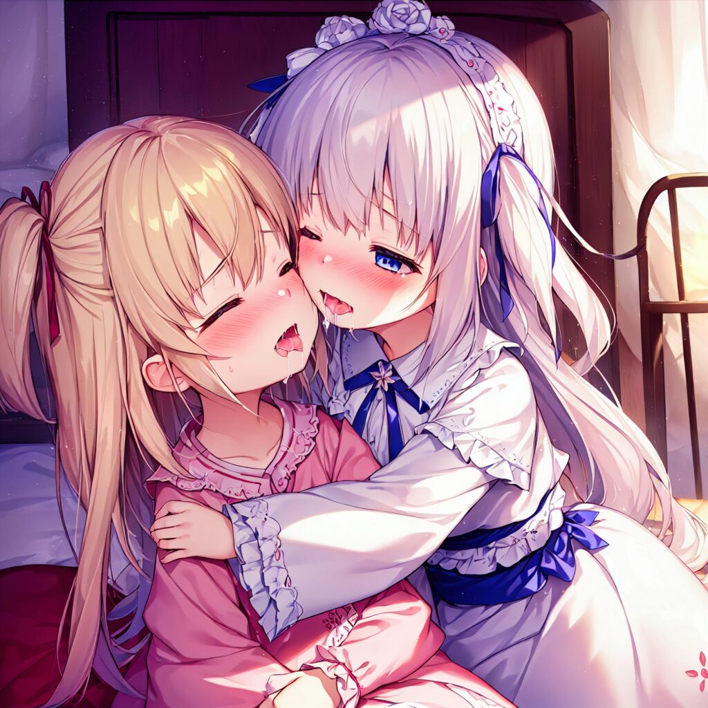 AI illustration, AI illustration, yuri, kiss, blonde girl, silver hair, TrinArt, AIart