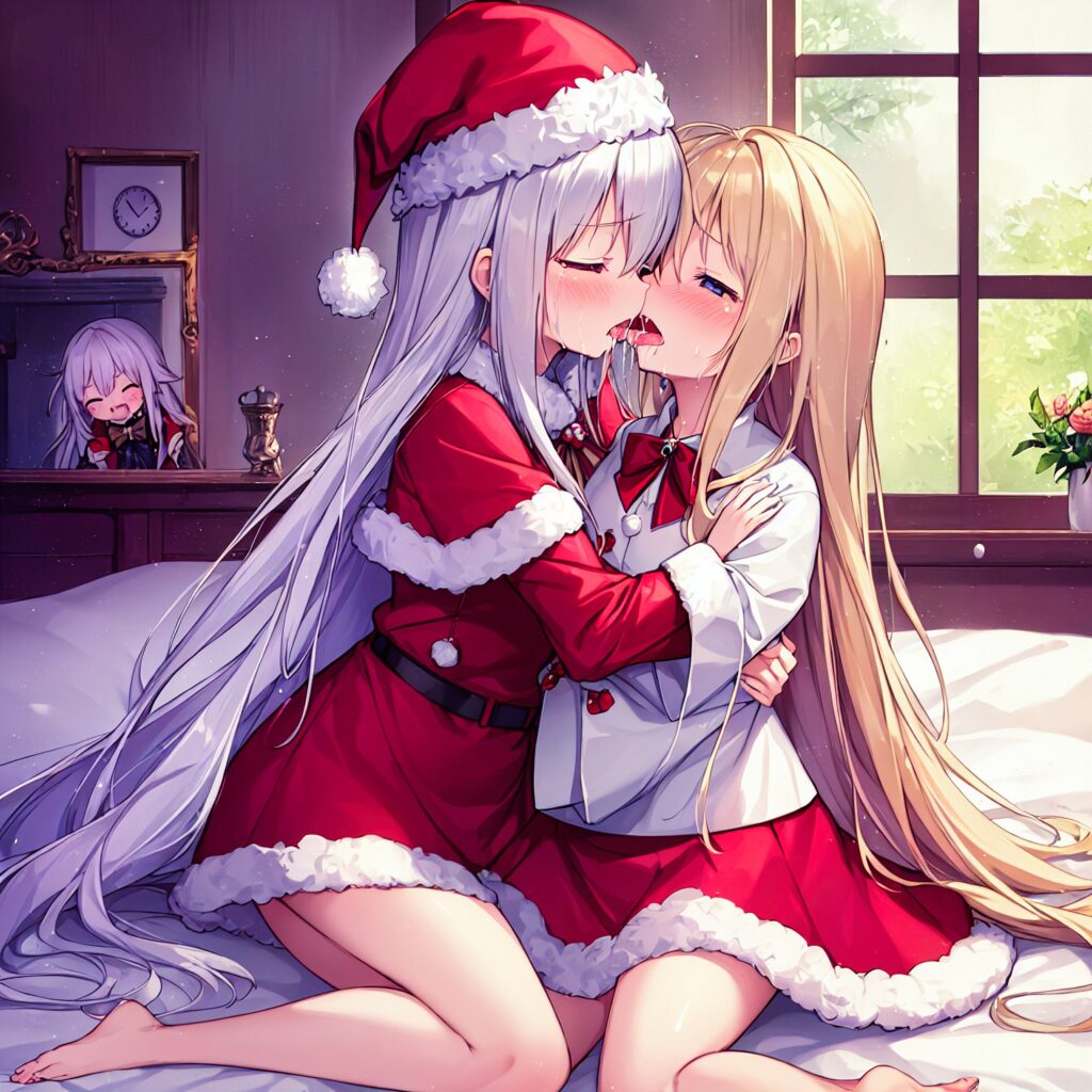 Ilustración, AI, yuri, beso, chica rubia, pelo plateado, Navidad, Papá Noel, TrinArt, AIart