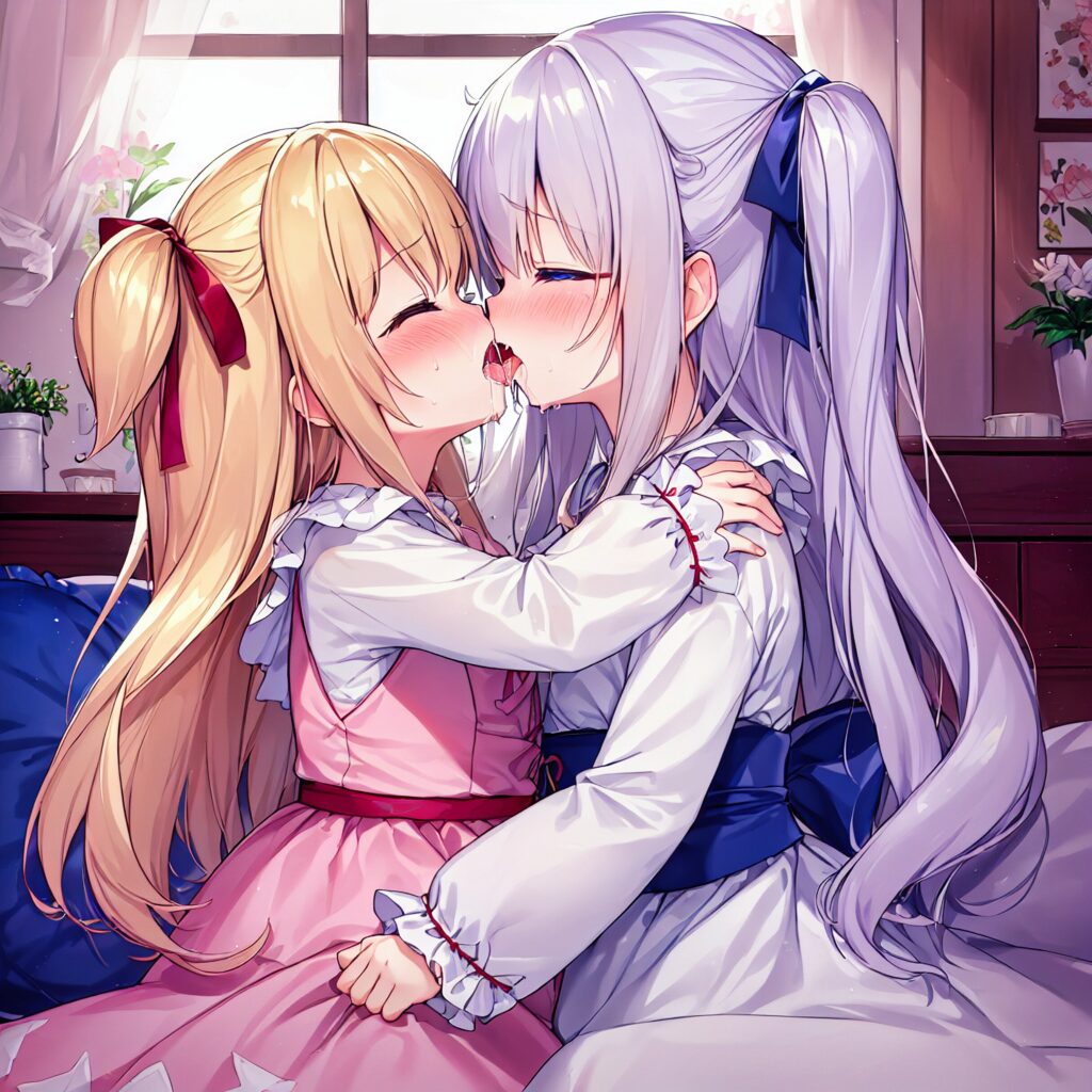 Illustration, AI, yuri, kiss, blonde girl, silver hair, TrinArt, AIart