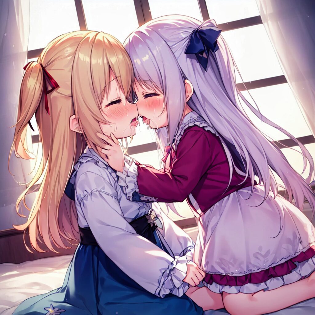 Illustration, AI, yuri, kiss, blonde girl, silver hair, TrinArt, AIart