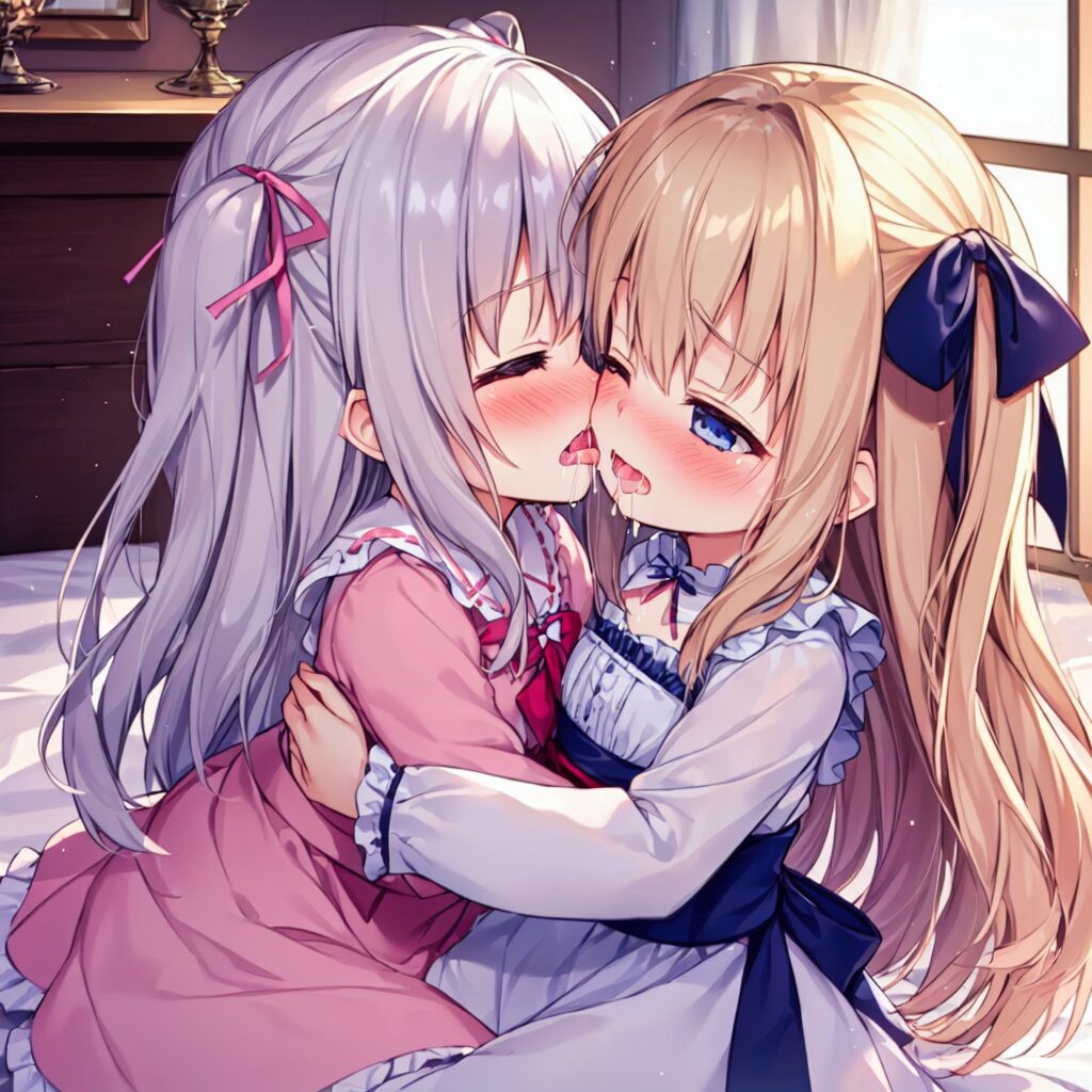 Illustration, AI, yuri, baiser, fille blonde, cheveux argentés, TrinArt, AIart