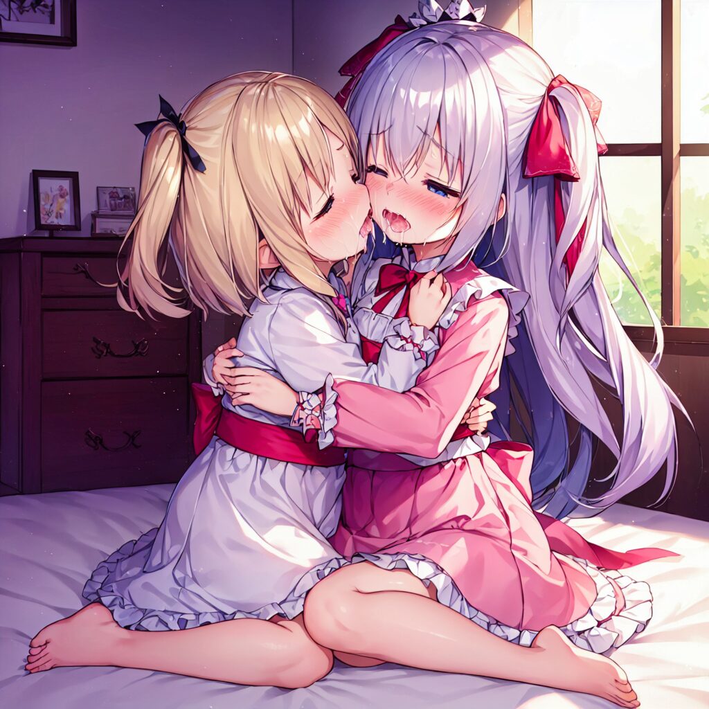 Illustration, AI, yuri, baiser, fille blonde, cheveux argentés, TrinArt, AIart