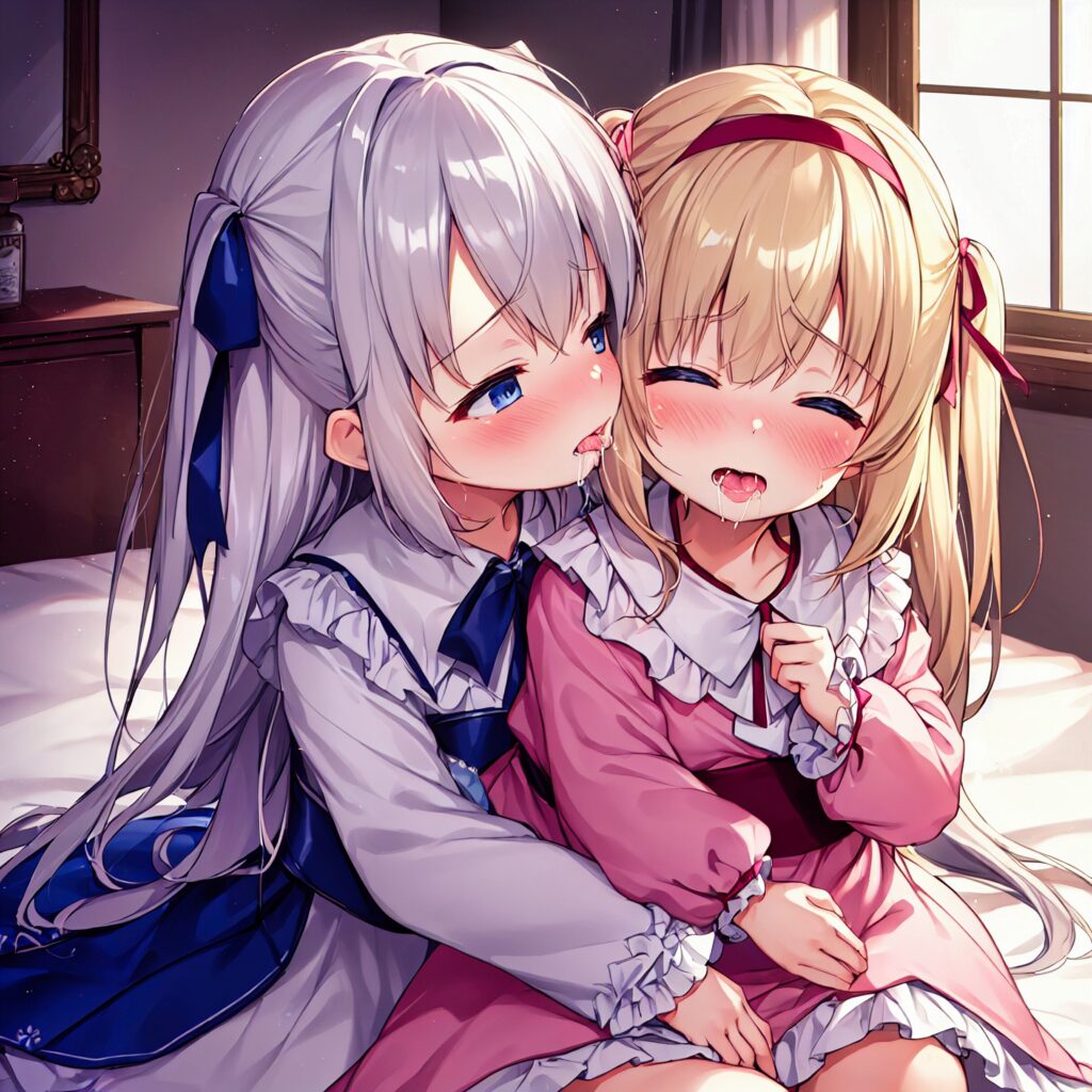 AI illustration, AI illustration, yuri, kiss, blonde girl, silver hair, TrinArt, AIart