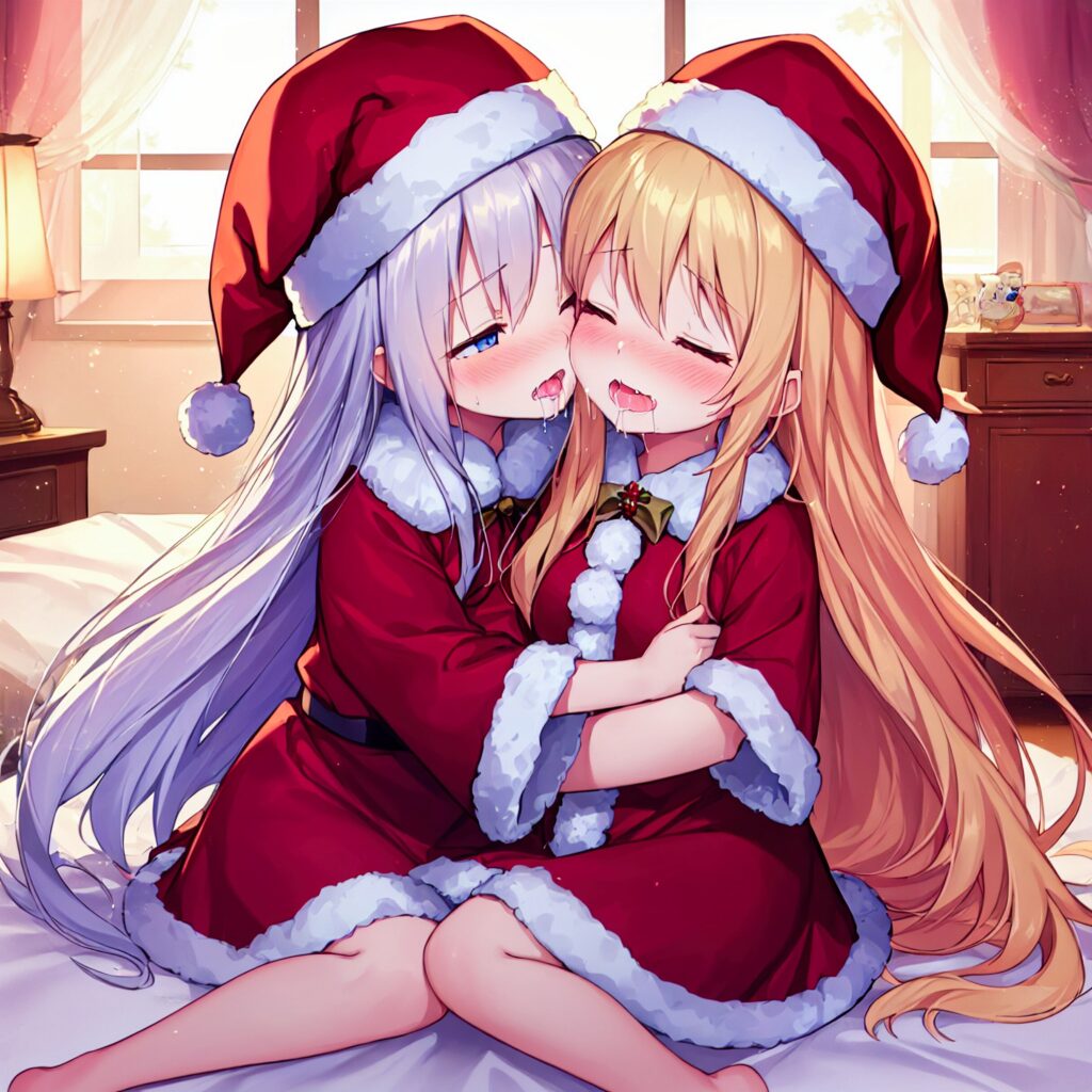 Ilustración, AI, yuri, beso, chica rubia, pelo plateado, Navidad, Papá Noel, TrinArt, AIart