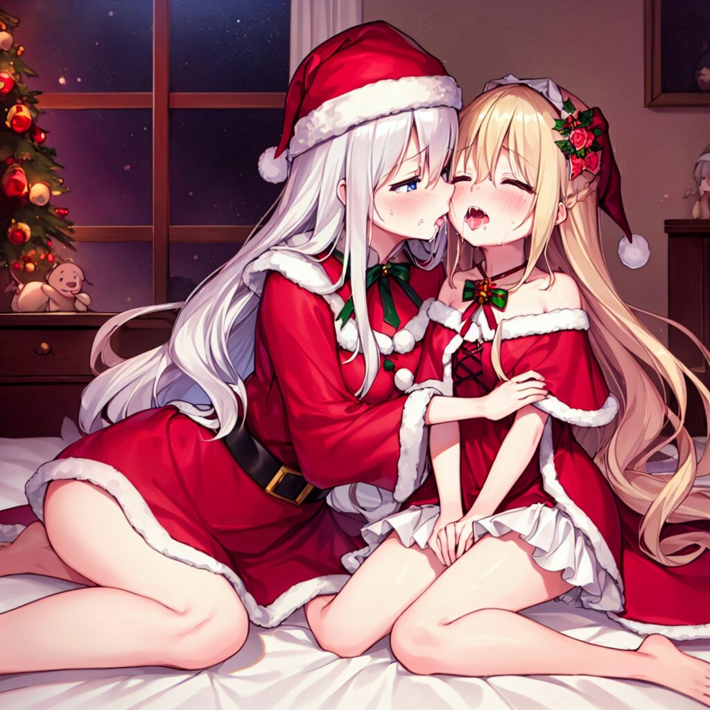 Ilustración, AI, yuri, beso, chica rubia, pelo plateado, Navidad, Papá Noel, TrinArt, AIart