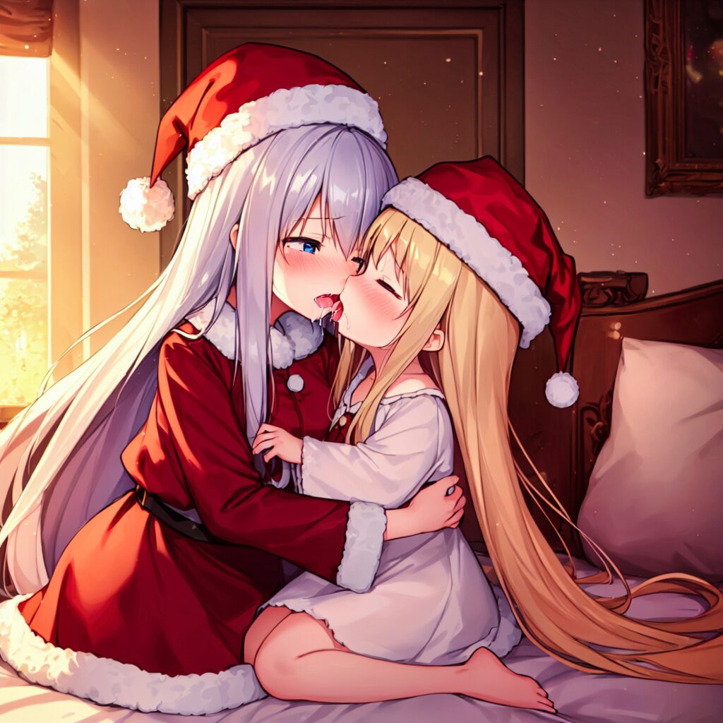 Ilustración, AI, yuri, beso, chica rubia, pelo plateado, Navidad, Papá Noel, TrinArt, AIart