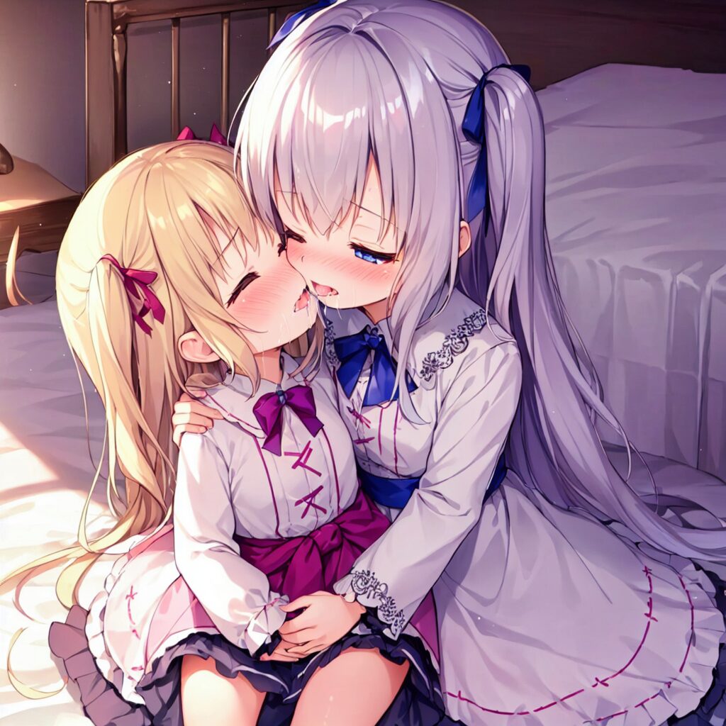 Illustration, AI, yuri, baiser, fille blonde, cheveux argentés, TrinArt, AIart