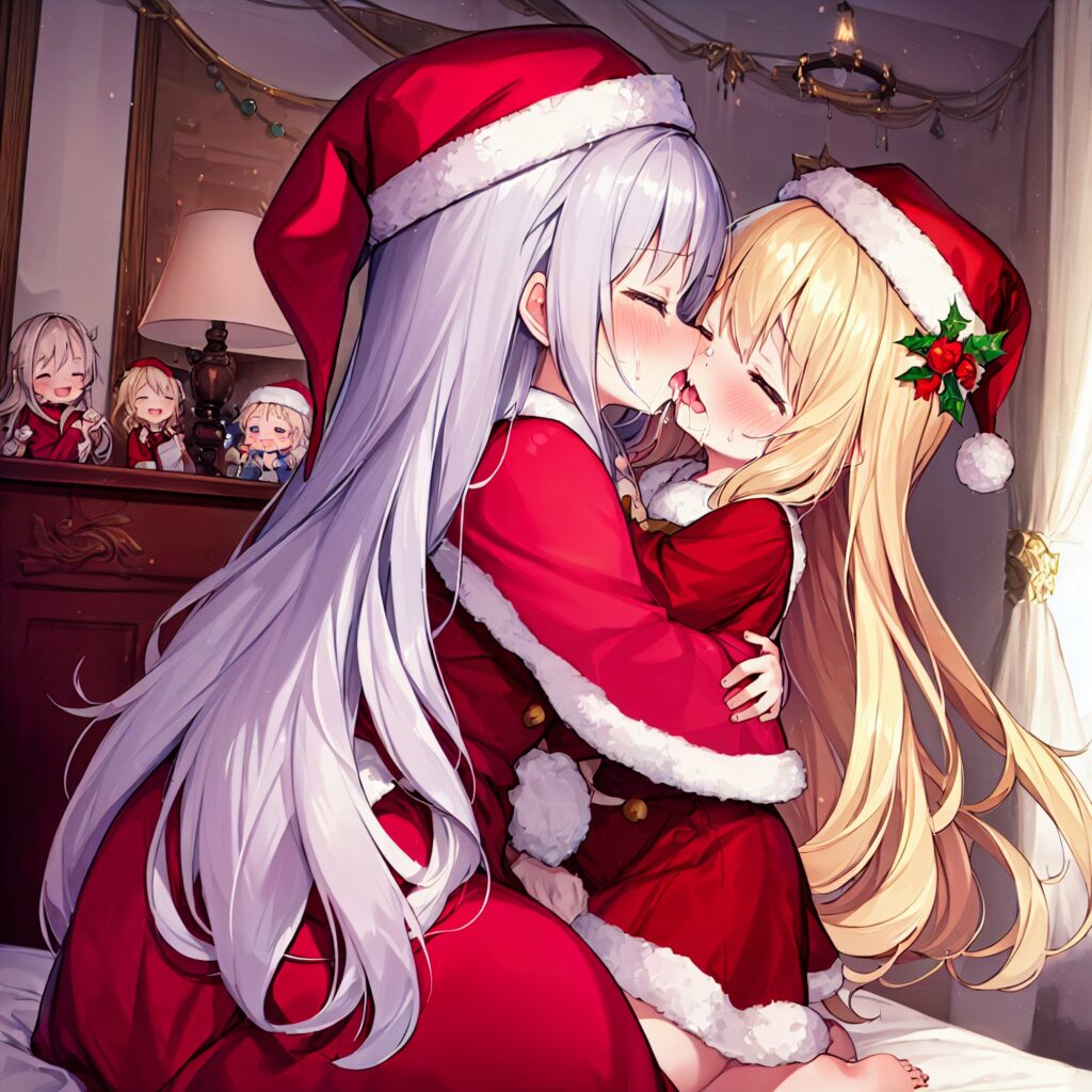 Ilustración, AI, yuri, beso, chica rubia, pelo plateado, Navidad, Papá Noel, TrinArt, AIart