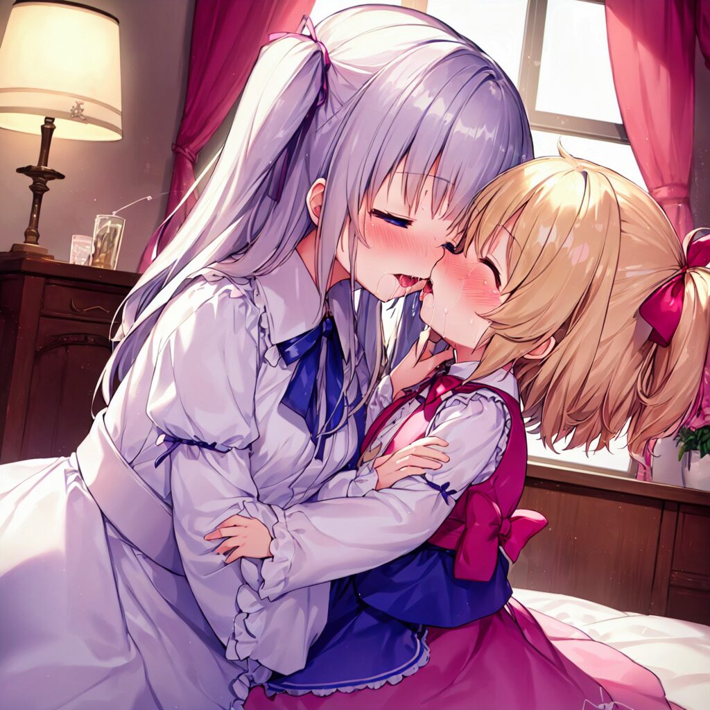 イラスト, AI, 百合, キス, 金髪少女, 銀髪, TrinArt, AIart